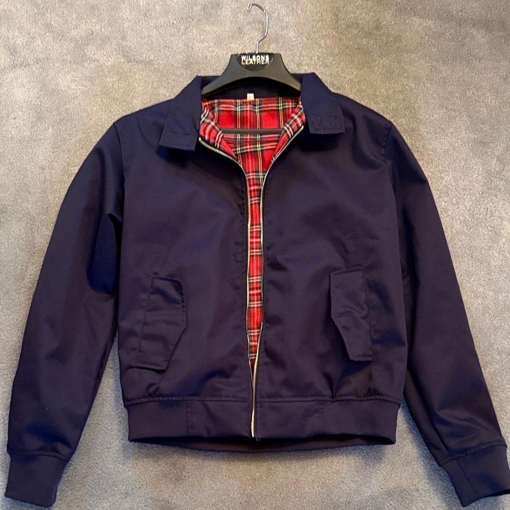 Navy Blue Bomber Jacket with Red Plaid Interior
